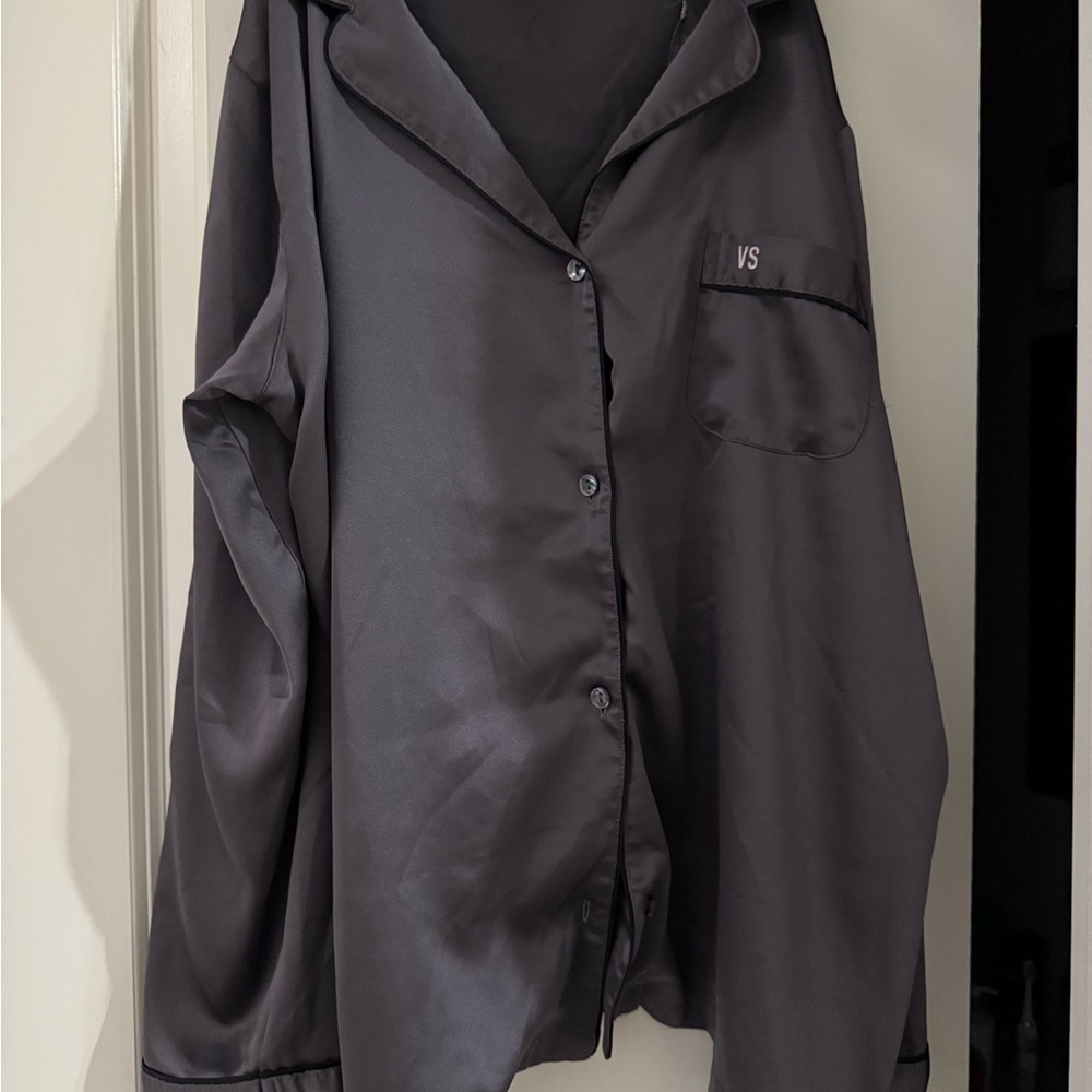Gray Satin Button-Up Pajama Top